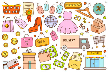 Shopping and e-commerce doodle icons set. Cartoon online commerce, sale, money and delivery symbols