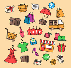 Shopping retro icons set. Cartoon doodle icons for buying clothes, e-commerce, sale, discounts