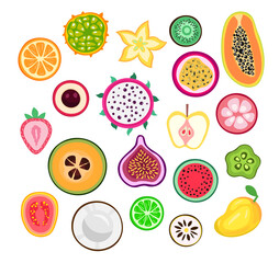 Fototapeta na wymiar Exotic fruits slices set. Lychee, passion fruit, feijoa, longan, papaya, guava, fig, mango, pitaya