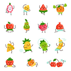 Funny fruit characters doing yoga, sport and fitness. Set of kawaii pear, apple at workout training