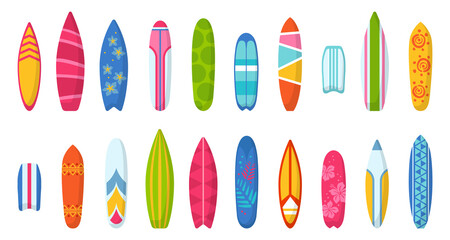 Different surfboard set. Colorful surf desk design. Surfing desks and boards with bright pattern - obrazy, fototapety, plakaty