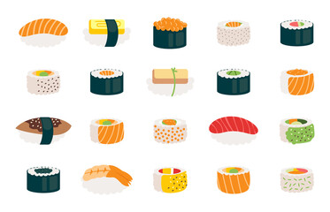 Cartoon sushi and rolls set. Traditional japanese food icon. Japan delicious cuisine with fresh fish