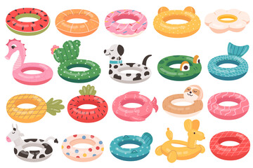 Cartoon swimming ring. Funny animals floating rings for kids. Summer swimming pool toys set