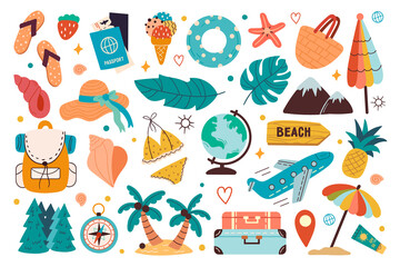 Set of icons for summer travel concept. Elements for sea vacation, seaside relax, camp and tourism