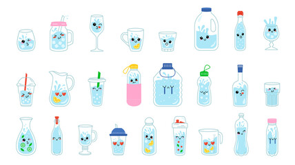 Set of water cartoons. Drinking bottle, glass, cup and mug with cold blue water funny smiling faces