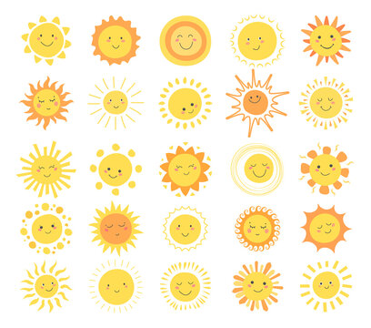 Cartoon kawaii sun set. Cute shining sun emoji elements icons. Childish emoticon with smiling faces