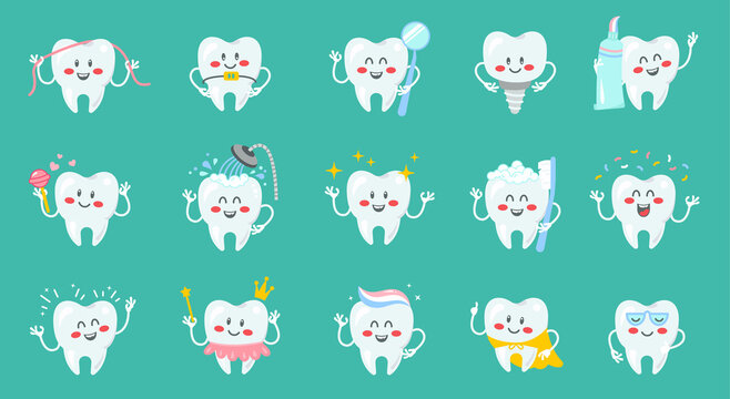 Set of cartoon tooth characters holding toothpaste and toothbrush. Happy cute tooth cheerful smiling