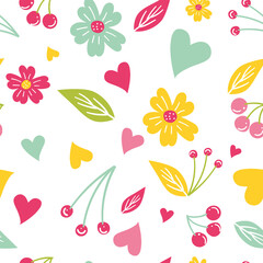 Vector seamless pattern with berries and flowers. Vector seasonal pattern with summer elements.