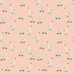 Seamless pattern with goose on rollers. White Farm animal on blue rollers. Print with extreme sports for kids design, fabric, wallpapers, textile, nursing, paper, books, toys.