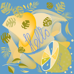 Hello june banner, lemon on yellow and blue background