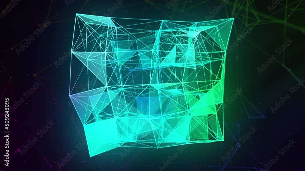 Poster artificial intelligence creating blue gradient plexus cubic 3d figure. motion. glowing beautiful tra