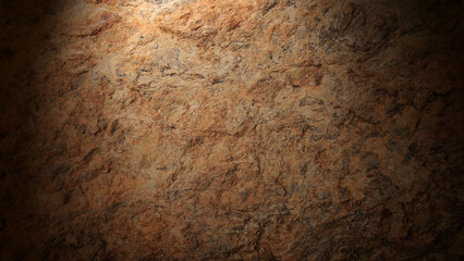 Background of a rocky surface illuminated by a central spot light. Elegant and mysterious ambience in brown tones. 3D Rendering