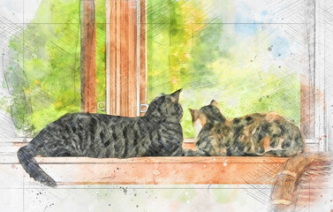 Digitally enriched photograph of an brown/grey tabby and calico cat looking out a window. The technique used creates a faux watercolour effect giving the image an overall artistic impression. - obrazy, fototapety, plakaty
