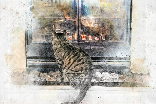 Digitally enriched photograph of a brown tabby cat warming in front of a fireplace. This photosketch technique creates a faux watercolour effect giving the image an overall artistic impression. 