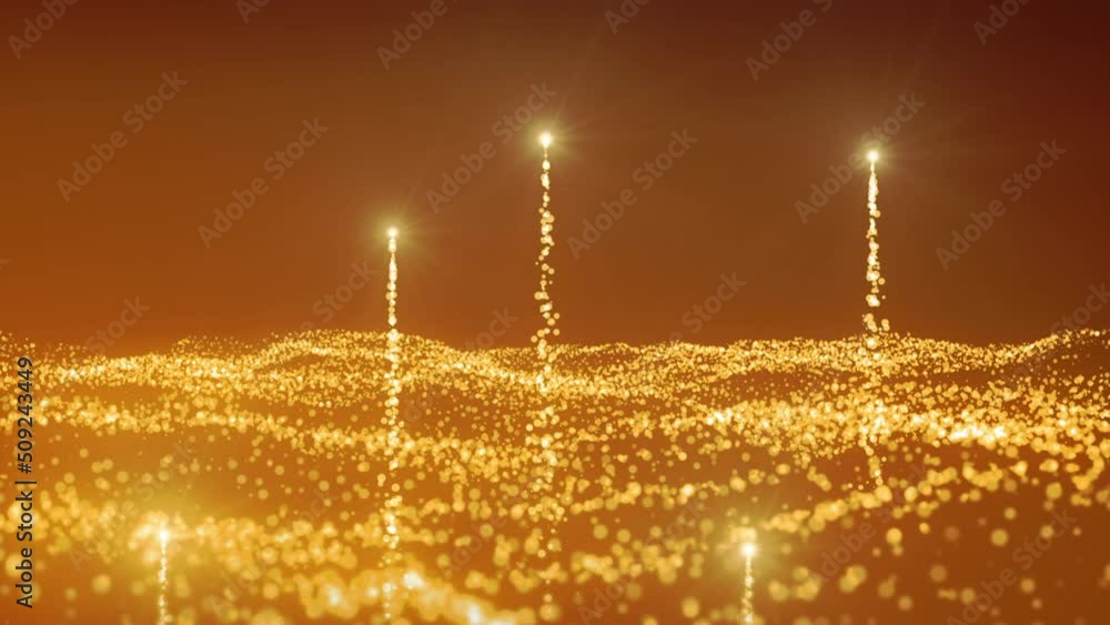 Poster Wavy stream of luminous particles. Motion. Cosmic energy flows with starfall. Starfall from stream of luminous particles in wavy stream