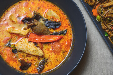 Massaman curry with pork. Red curry with meat and vegetables. Thai traditional food.