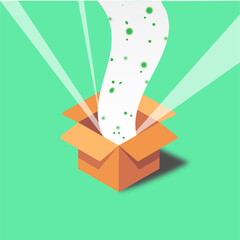 Сardboard box, which stands on a green background, explodes and beams of light and magic flow out of it