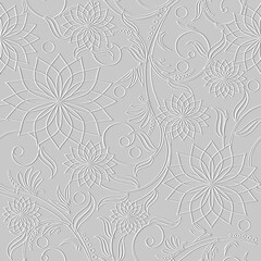 Embossed floral line art tracery 3d seamless pattern. Ornamental beautiful relief background. Repeat textured white backdrop. Surface lines flowers, leaves. 3d endless ornaments with embossing effect