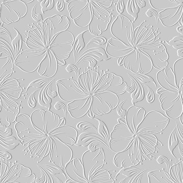 3d embossed lines floral seamless pattern. Textured beautiful relief flowers background. Repeat emboss white backdrop. Surface line art flowers, leaves. Vintage 3d ornaments with embossing effect