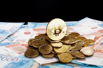 Bitcoin Cryptocurrency and Russian Rubles banknotes. BTC Bitcoin Cryptocurrency Russia Ruble Money