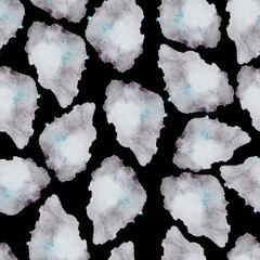 Watercolor abstract simple blobs clipart pattern, grey watercolor spots, abstractive background, hand drawn, white, dusty blue blobs pattern, purple, dark grey background