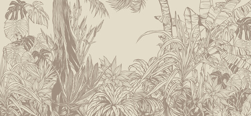 
contour drawn tropical plants and trees on a plain background in vintage style photo wallpaper