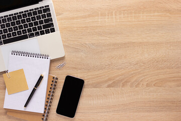 Education supplies and office stationary on table background texture. Business or school concept