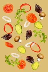 Light spring summer salad with flying floating in air ingredients, fresh vitamin vegetables....