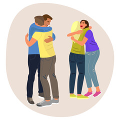 Friends  hugging happy, friendship with boys and girls.  Men and women standing together, laughing people, couples, good relationships, vector illustration 