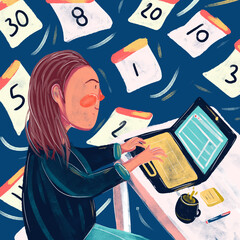 Ilustración de persona trabajando en oficina y calendarios, fechas - obrazy, fototapety, plakaty