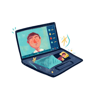 Ilustración de videollamada y persona en reunión virtual durmiendo