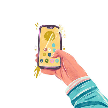 Ilustración de celular en mano con aplicaciones y en fondo blanco