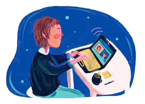 Ilustración de mujer trabajando y en reunión virtual, video llamada, videoconferencia