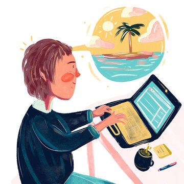 Ilustración de mujer trabajando y pensando en vacaciones