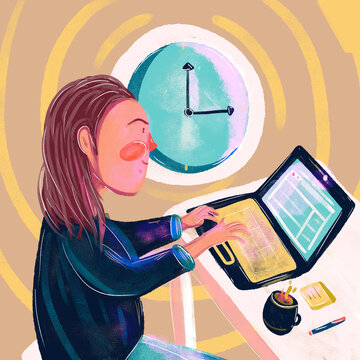 Ilustración de persona trabajando en oficina y tiempo