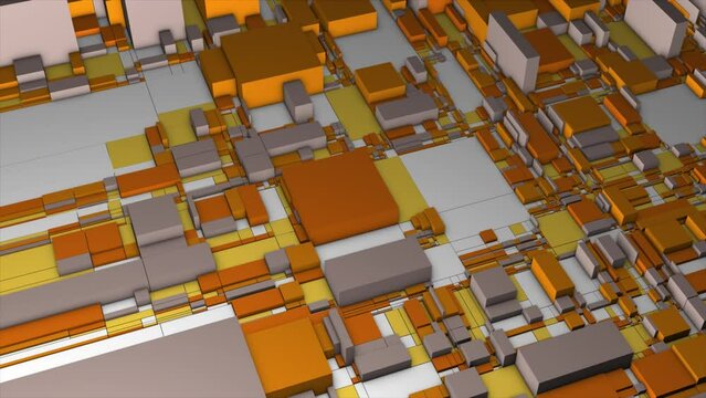 Abstract visualization of many containers of different size. Motion. Golden and silver slowly moving boxes.