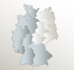 Fototapeta premium Germany map divided on West and East map, administrative division, white blue card paper 3D, blank