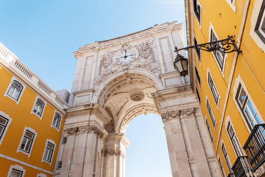 Amazing city of Lisbon, Portugal. Vintage historical sculpture and a trip to beautiful Europe.  Arco da rua Augusta