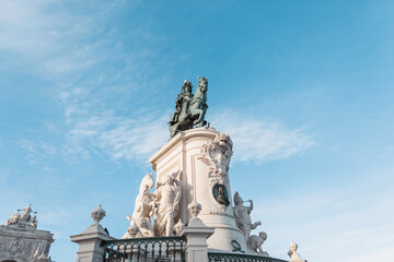 Obraz premium Statue of Don José I in Lisbon is beautiful with a blue sky. Journey to Lisbon, Portugal. Commerce Square