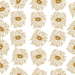 Seamless scandinavian pattern with cute doodle outline gold flowers. Vector illustration.