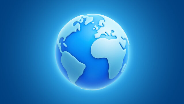 Blue cartoon style 3d planet Earth on blue gradient background. Water Day or World Oceans Day concept. Earth Day or Saving Water concept