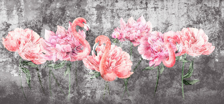 
texture gray background on which you can see painted art flamingos peonies photo wallpaper in the interior
