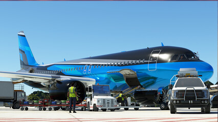 Airport Staff Carry Passenger Suitcase to Airplane. Before Plane Takes off, Worker in Special Uniform Immerse Person’s Bag in Aircraft Compartment. Several Men Involved in this Hard and Long Work.