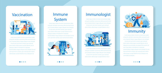 Immunologist mobile application banner set. Doctor in medical protective