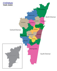 Political map of Chennai city along with Tamilnadu map vector illustration - obrazy, fototapety, plakaty
