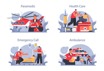 Fototapeta na wymiar Ambulance concept set. Emergency medical technician in the uniform