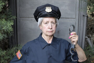 Senior female police officer holding handcuffs