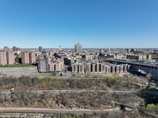 Aerial view of Hudson River and New York with blue sky 