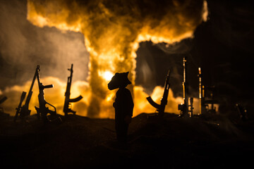 Creative artwork decoration war on Ukraine. Crowd looking on giant explosion and attacking soldiers.