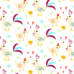 vector pattern with rooster, hen and chick. bright illustration of rural birds foe fabrics, printing. cartoon style 